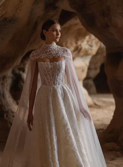 Gorgeous Lace High Neck Sparkling Wedding Dress Detachable Cloak Style Bride Dress Tight corset A-line Wedding Dress Customized