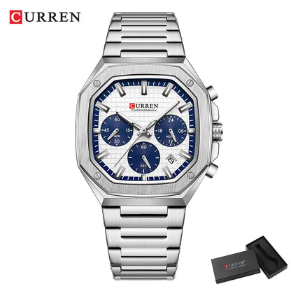 CURREN Luxury Square Chrono Watch for Men Classic Design Gold Accents on Black Dial Fashion Quartz Wristwatch Luminous Hands