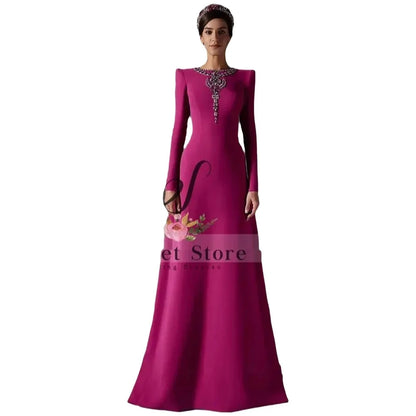 Customized  Evening Dress Long Sleeves Ruched Rhinestone Beaded Women's Evening Gowns A-line O Neck Bespoke Occasion Dresses