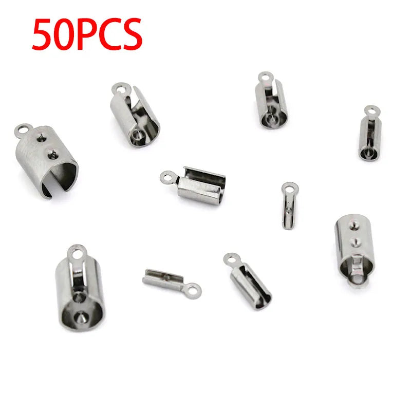 30-50pcs Stainless Steel Crimp End Clasps Fastener Connectors Cord Rope Clips for Necklace Bracelet Jewelry Making DIY Supplies