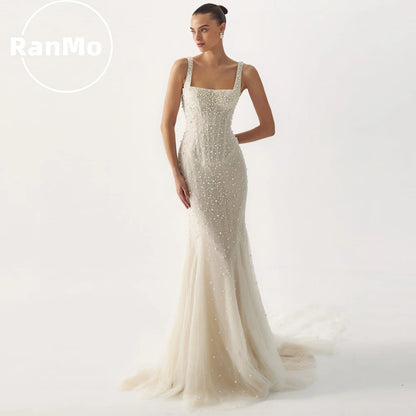 Ranmo Fashion Lace Wedding Dress Woman's Mermaid Bridal Gowns Spaghetti Strap Pearls Court Train Customized  Vestidos De Novia