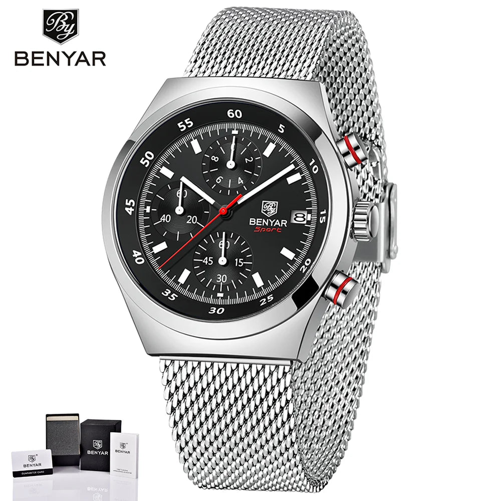 BENYAR Top Luxury Brand Men's Business Leisure Watch Mesh Band Quartz Timing Men's Watch 30 Meter Waterproof