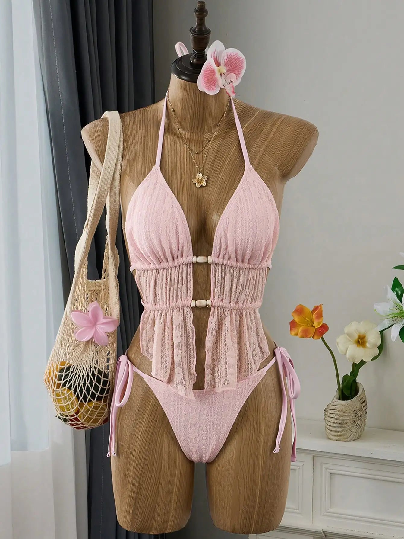 Cream Lace Halter Neck Tankini Set With Beaded Detail And Tie Side Bottoms