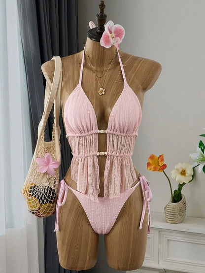 Cream Lace Halter Neck Tankini Set With Beaded Detail And Tie Side Bottoms