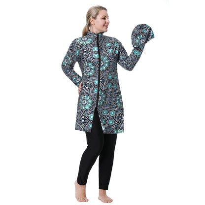 H1024 Muslim Women Fullcoverage  Long Sleeves Cover Up Burkinis Three Pieces Plus Size Printing  Swimwear Suits