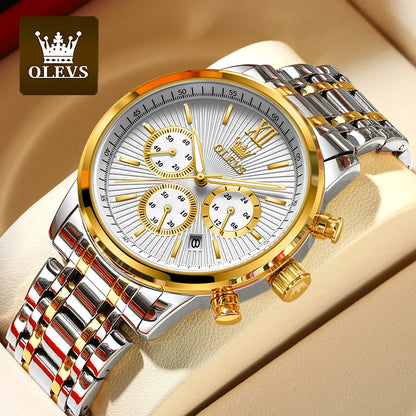 OLEVS Gold Blue Men's Watches Date Chronograph Small Dial Exclusive Design Luxury Business Waterproof Stainless steel Wristwatch