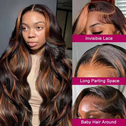 Highlight Body Wave 13x6 HD Omber Lace Front Human Hair Pre Plucked Wig 1B/30 Black Brown Colored Hair 13x4 HD Lace Frontal Wigs