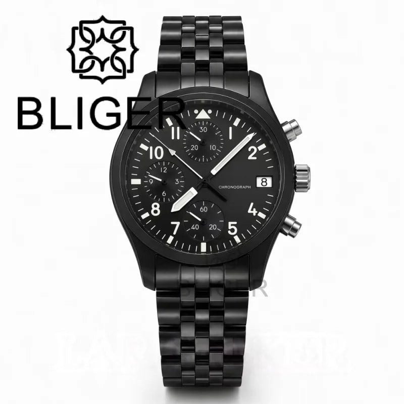 BLIGER Full Black Brushed 38mm VK67 Quartz Aviator Chronograph Watch For Men Domed Sapphire Glass Luminous Dial Waterproof Date