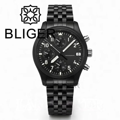 BLIGER Full Black Brushed 38mm VK67 Quartz Aviator Chronograph Watch For Men Domed Sapphire Glass Luminous Dial Waterproof Date