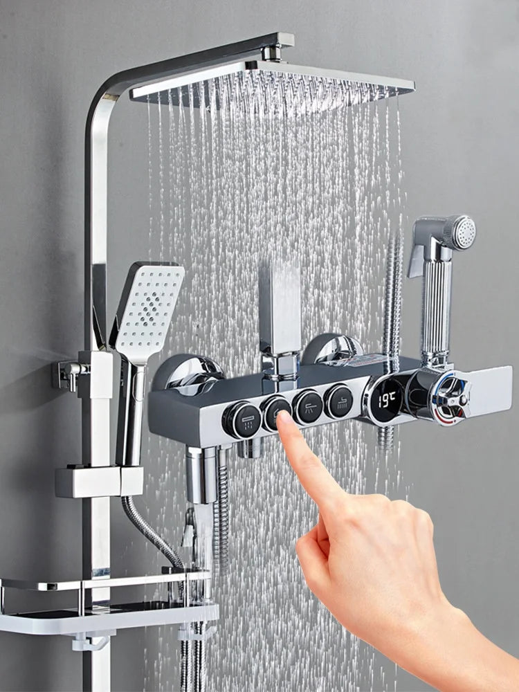 Luxury Silver Led Digital Display Brass Shower Set 4 Keys Faucets Mixers Taps Shower Sets Thermostatic Shower Mixer Faucet