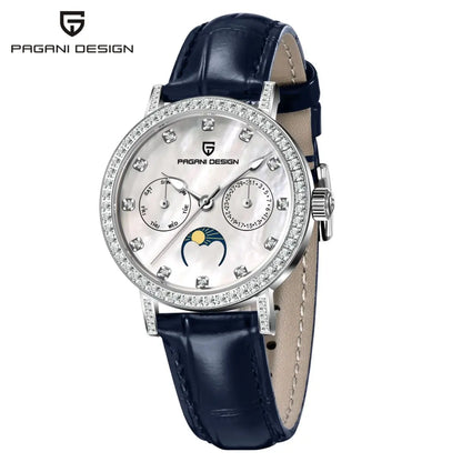 PAGANI DESIGN Women Quartz Watch Mop Dial Diamond Bezel Moon Phase Week Date Multi-function 50M Waterproof White Leather watch