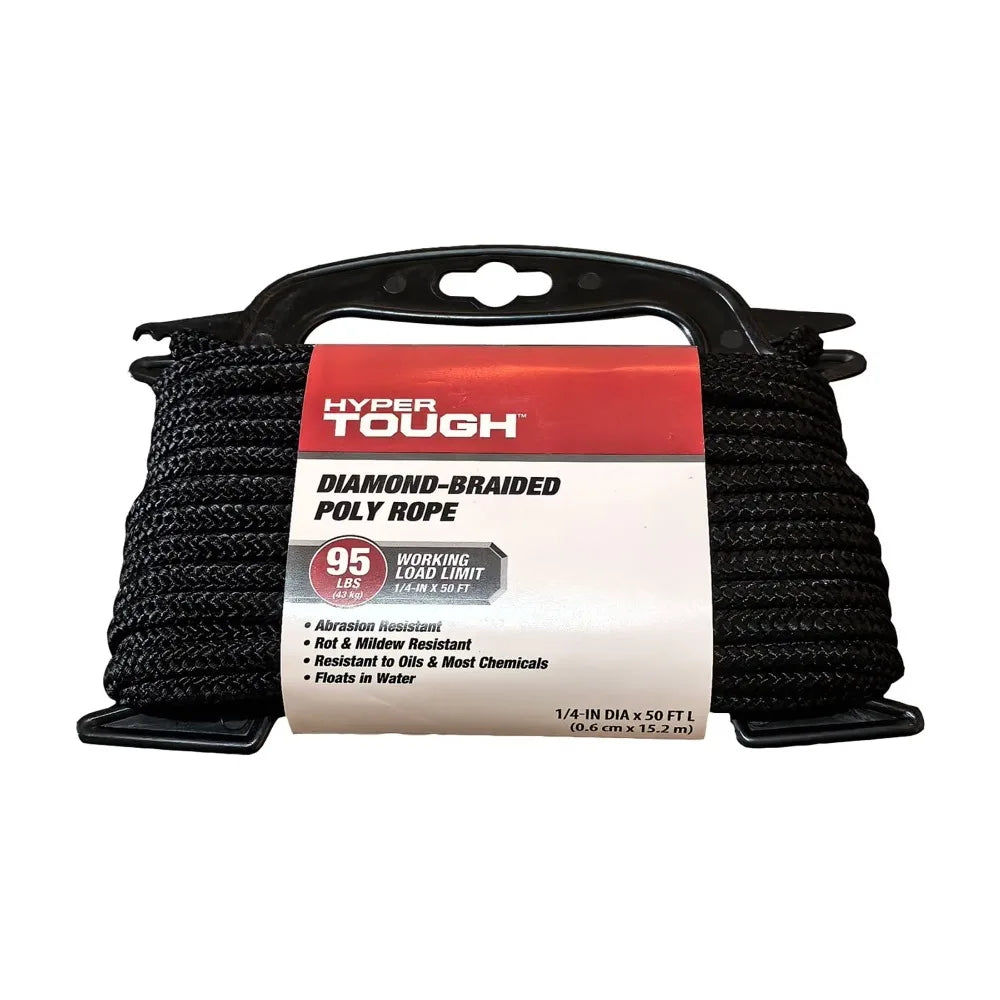Black Polypropylene Diamond Braid Rope 1/4 Inch Diameter 50 Feet Length for Marine Outdoor Boating Camping Heavy Duty