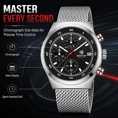 BENYAR Top Luxury Brand Men's Business Leisure Watch Mesh Band Quartz Timing Men's Watch 30 Meter Waterproof
