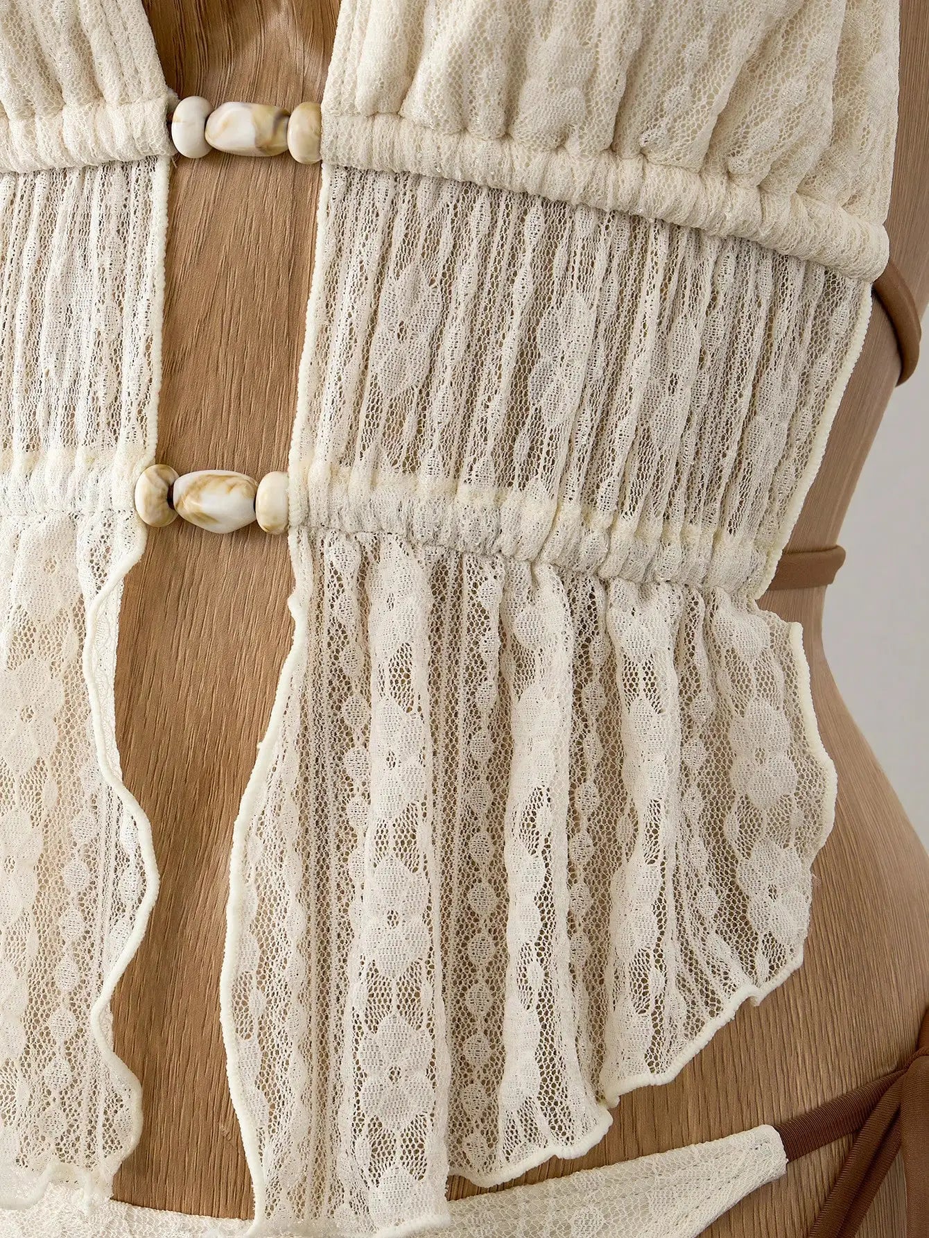 Cream Lace Halter Neck Tankini Set With Beaded Detail And Tie Side Bottoms
