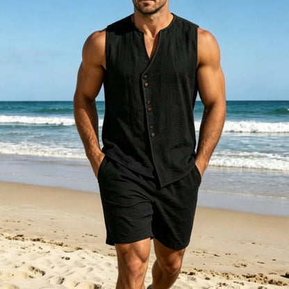 Men Simple Solid Linen Sleeveless Vest Shirt Shorts Set Summer Beach Casual Outfit