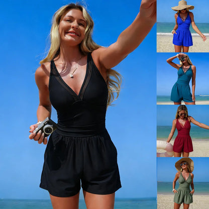 Black Solid Color Sleeveless V Neck Swimsuit with Sheer Mesh Panel Ruched Waist High Stretch Halter Neck Mini Length Swimwear