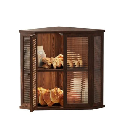 Corner bread box Bread Box for Kitchen Countertop - Corner Bread Storage Box 16.5" H, Premium Wood with Glass Door, Perfect for