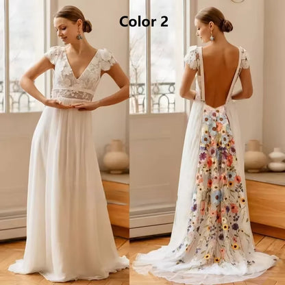 2025 New V-neck Embroidered Chiffon Wedding Dress Colored Decal Dew Back A-line Bridal Dress Customization