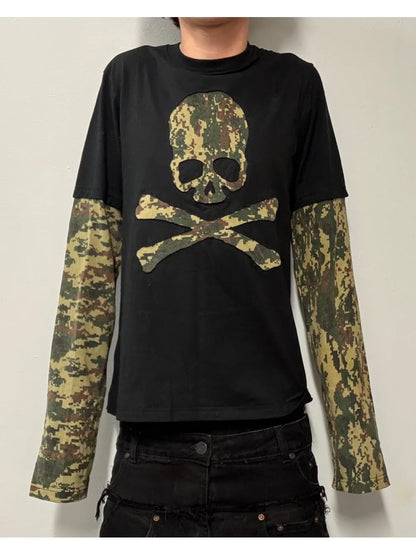 2026 new American retro camouflage skeleton fake two-piece spliced long sleeved top punk street trend fashion versatile niche