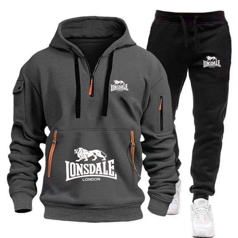 LONSDALE Men's Kangaroo Pocket Hoodie Set 2026 New Autumn Winter Fleece Sweatshirt + Sports Pants 2 Piece Tracksuit Casual Fitne