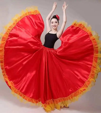 Skirt Gypsy Woman Spanish Flamenco Polyester Satin Smooth Big Swing Carnival Party Ballroom Belly Dance Costumes Dress