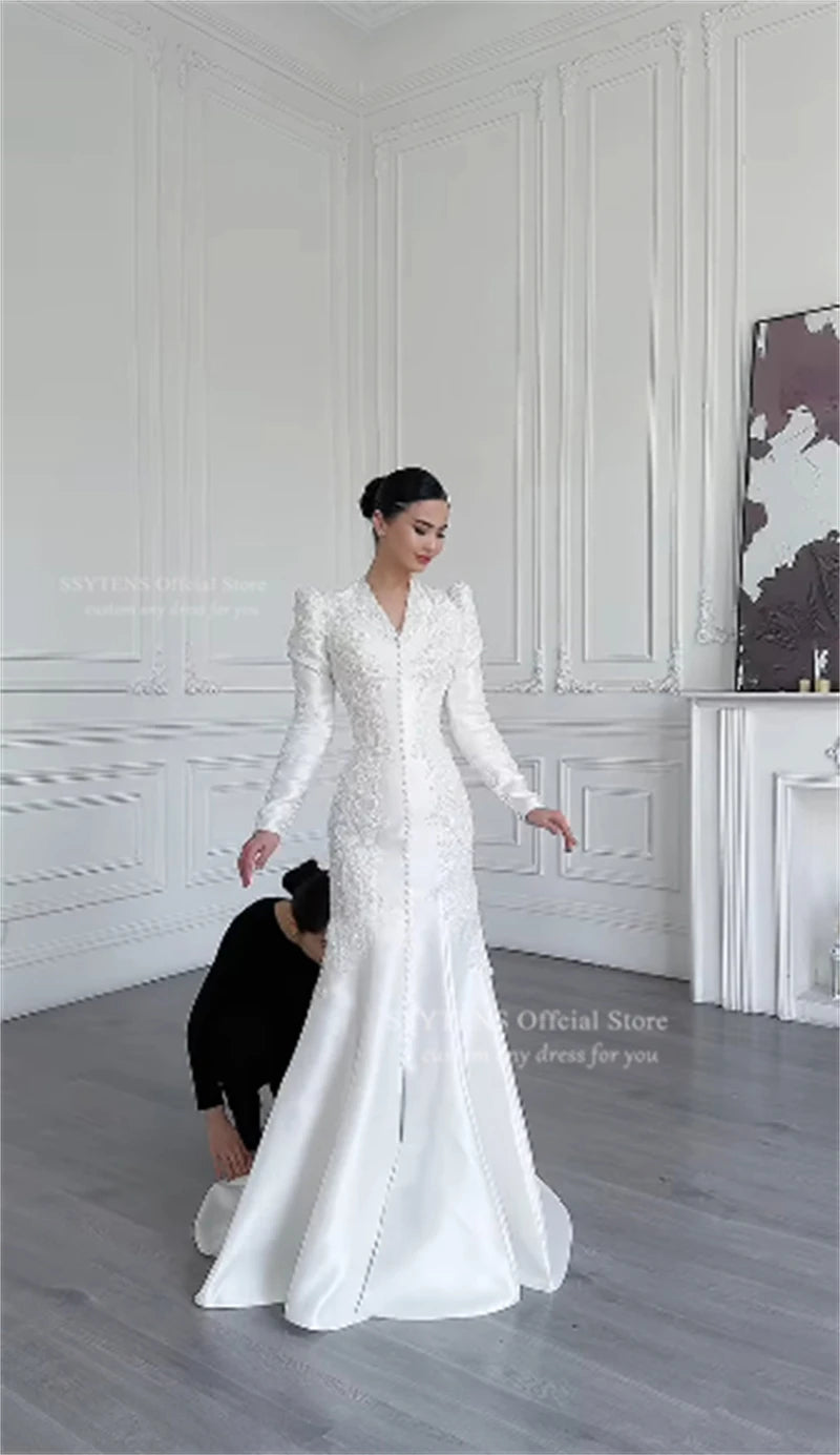 SSYTENS Modest Ivory Wedding Dresses Full Sleeve Appliques Mermaid Saudi Bridal Gown Elegant Lace White Bride Dresses Customized