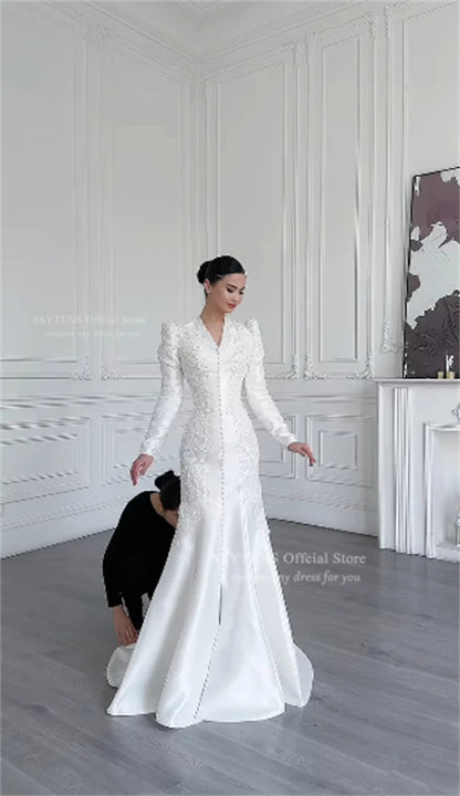 SSYTENS Modest Ivory Wedding Dresses Full Sleeve Appliques Mermaid Saudi Bridal Gown Elegant Lace White Bride Dresses Customized