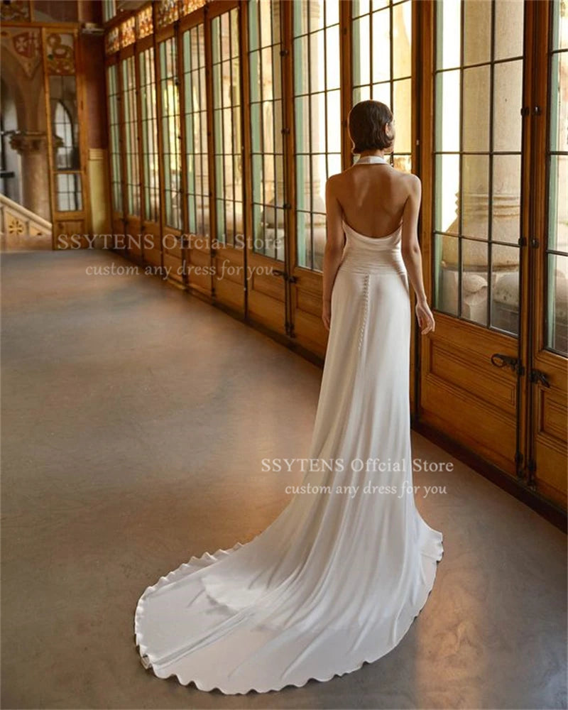 SSYTENS Customized Mermaid White Wedding Dress Woman Sexy Backless Bridal Dress beach Halter Sleeveless Gown robe femme élégante