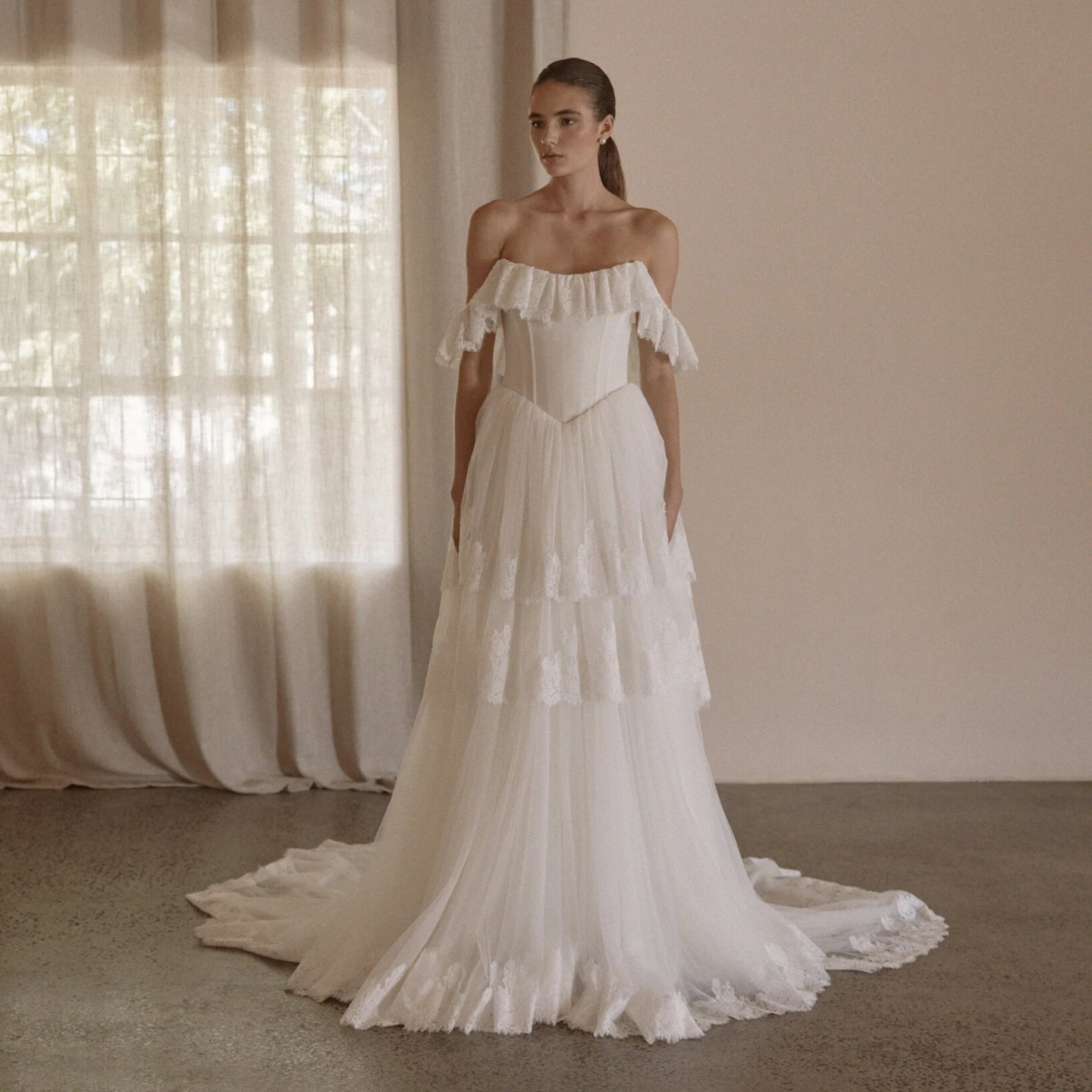 Romantic Lace And Tulle Wedding Dress A Line Off The Shoulder Sweep Train Elegant Bridal Gown Customized