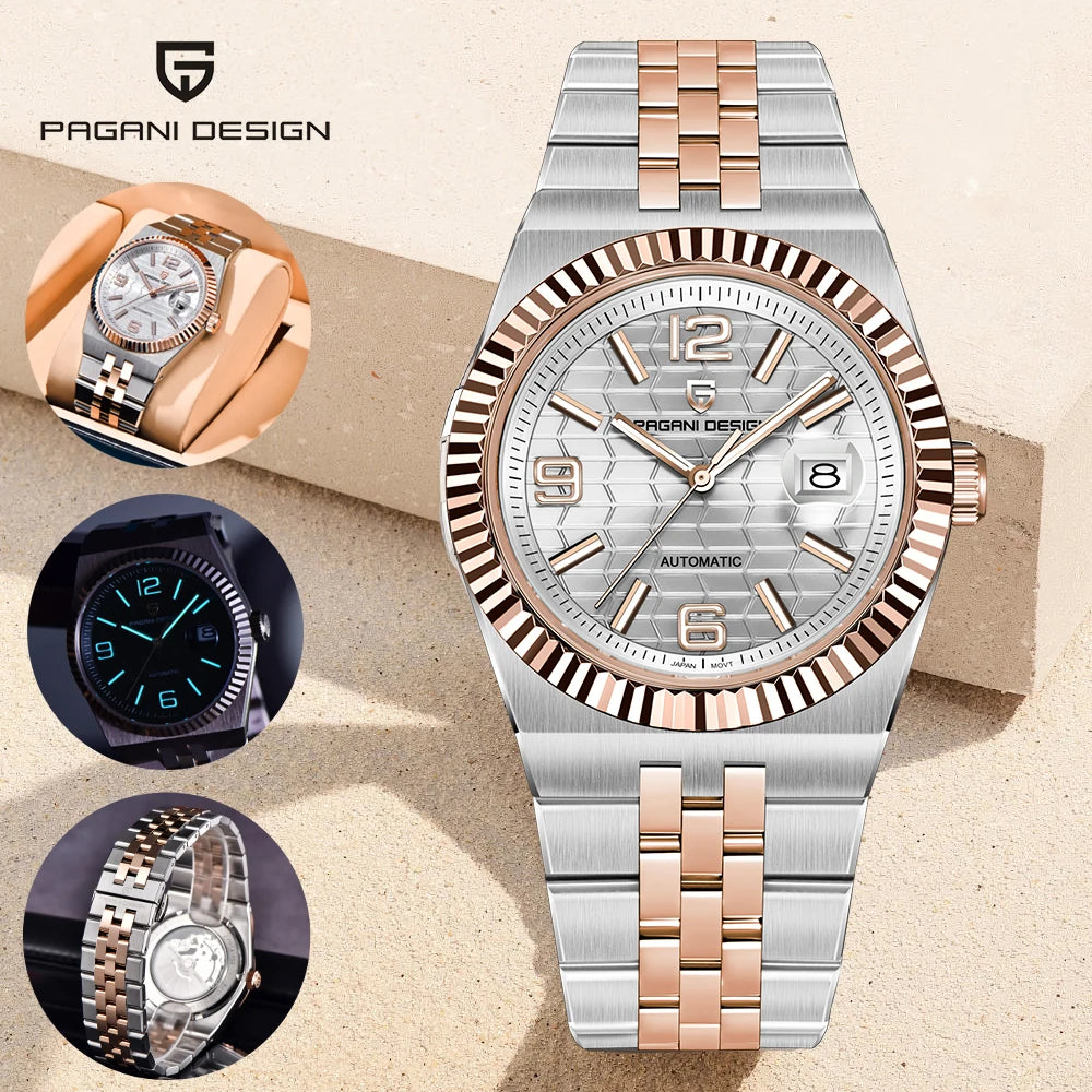PAGANI DESIGN 2026 New Men's Watches Rose Gold Luxury Automatic Watch For Men MIYOTA 8215 Mechanical Wristwatch Sapphire crystal