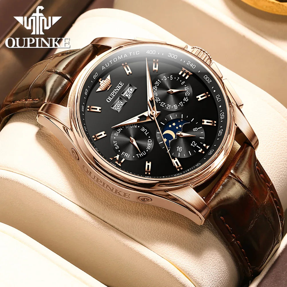 OUPINKE Men's Watches Casual Trend Leather Strap Original Automatic Mechanical Watch for Man Waterproof Moon Phase Calendar New