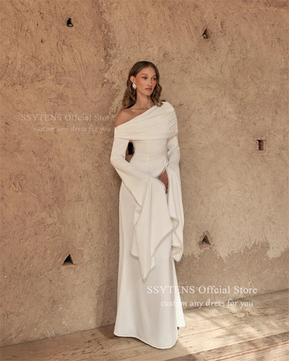 SSYTENS Modest Ivory Wedding Dresses Long Sleeves Formal Prom Gowns One Shoulder Pearls Elegant Wedding Party Dresses Customized