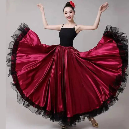Skirt Gypsy Woman Spanish Flamenco Polyester Satin Smooth Big Swing Carnival Party Ballroom Belly Dance Costumes Dress