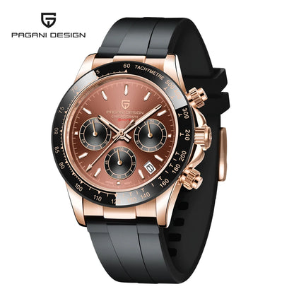 PAGANI DESIGN Men Quartz Chronograph Watch RoseGold Case Black Ceramic Bezel Brown Dial Rubber Strap Waterproof Sports watch+box