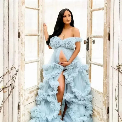 Maternity Dresses Customized Photoshoot Tiered Ruffles Pregnant Women Gowns Baby Shower Off Shoulder Front Slit Bridal Sleepwear