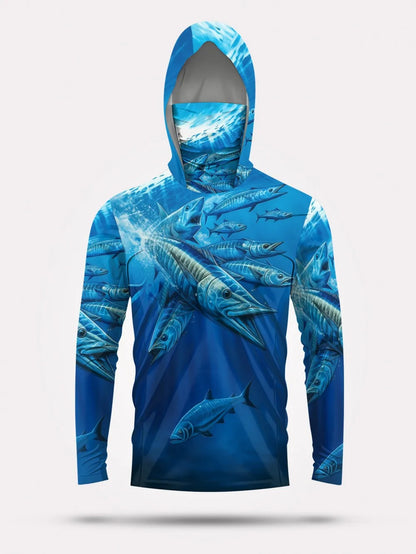 Men's summer fashion fish school print comfortable breathable hooded fishing suit long sleeved T-shirt outdoor casual top