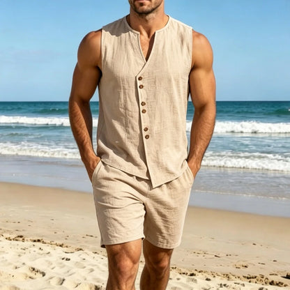 Men Simple Solid Linen Sleeveless Vest Shirt Shorts Set Summer Beach Casual Outfit