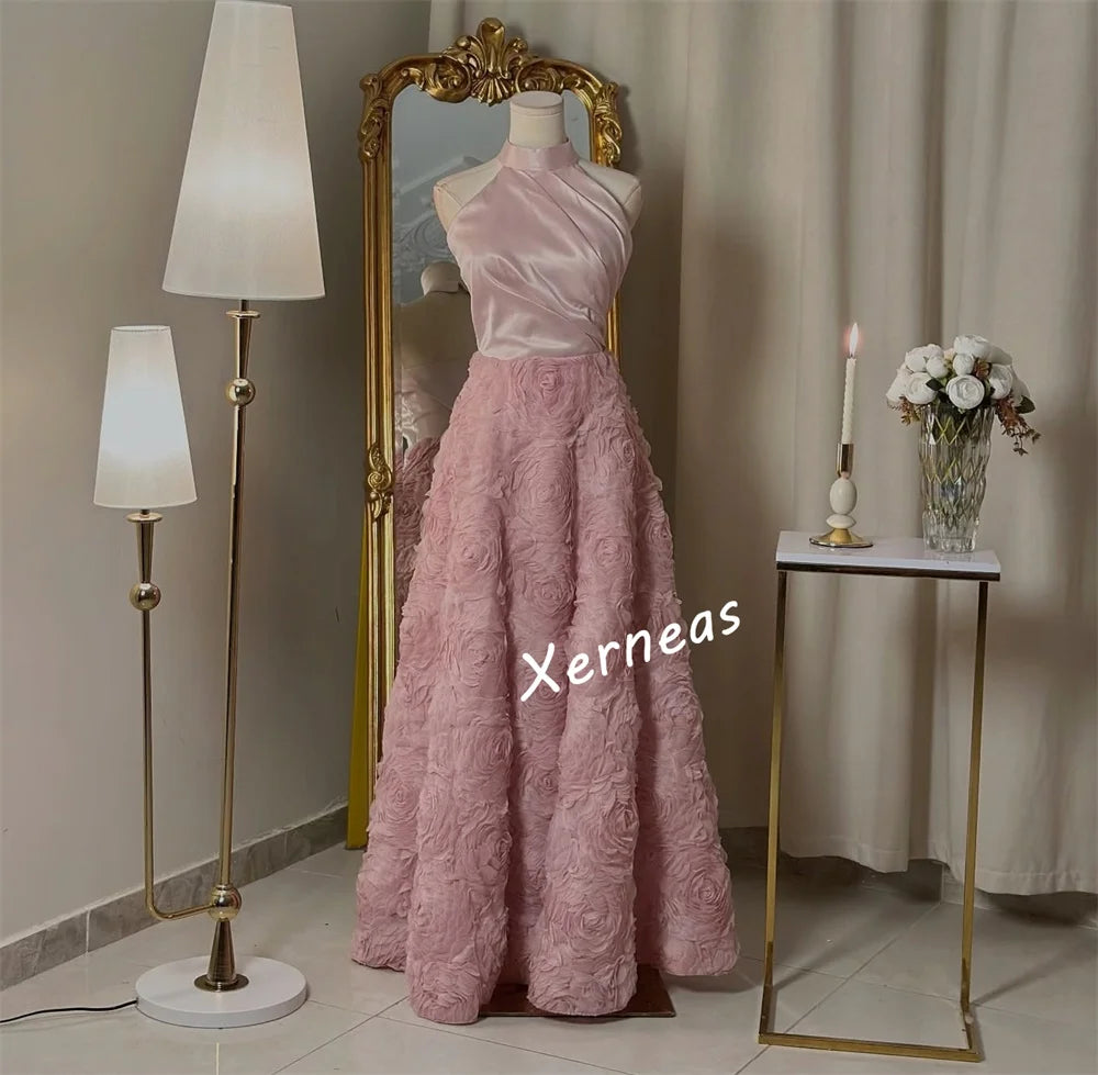 Customized Charmeuse Flower Halter A-line Long Dresses Bespoke Occasion Elegant Charming Party Gown Prom Formal Evening