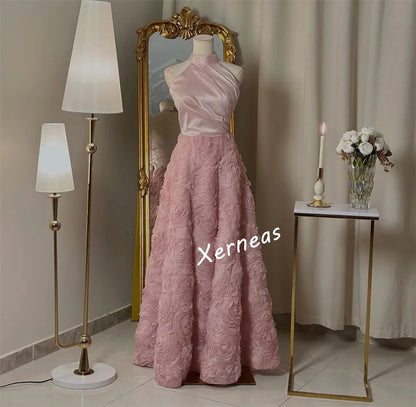 Customized Charmeuse Flower Halter A-line Long Dresses Bespoke Occasion Elegant Charming Party Gown Prom Formal Evening