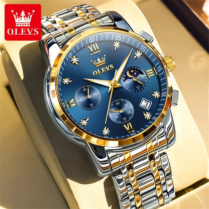 OLEVS Popular men's watches stainless steel black Moon Phase Chronograph quartz watch for man date Original brand wristwatch