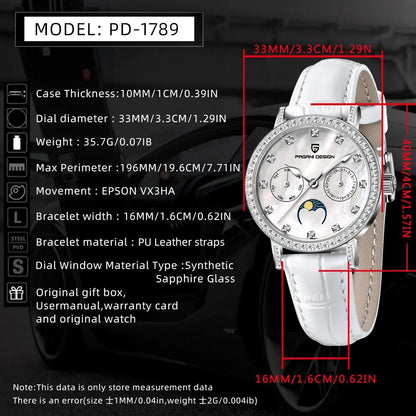 PAGANI DESIGN Women Quartz Watch Mop Dial Diamond Bezel Moon Phase Week Date Multi-function 50M Waterproof White Leather watch