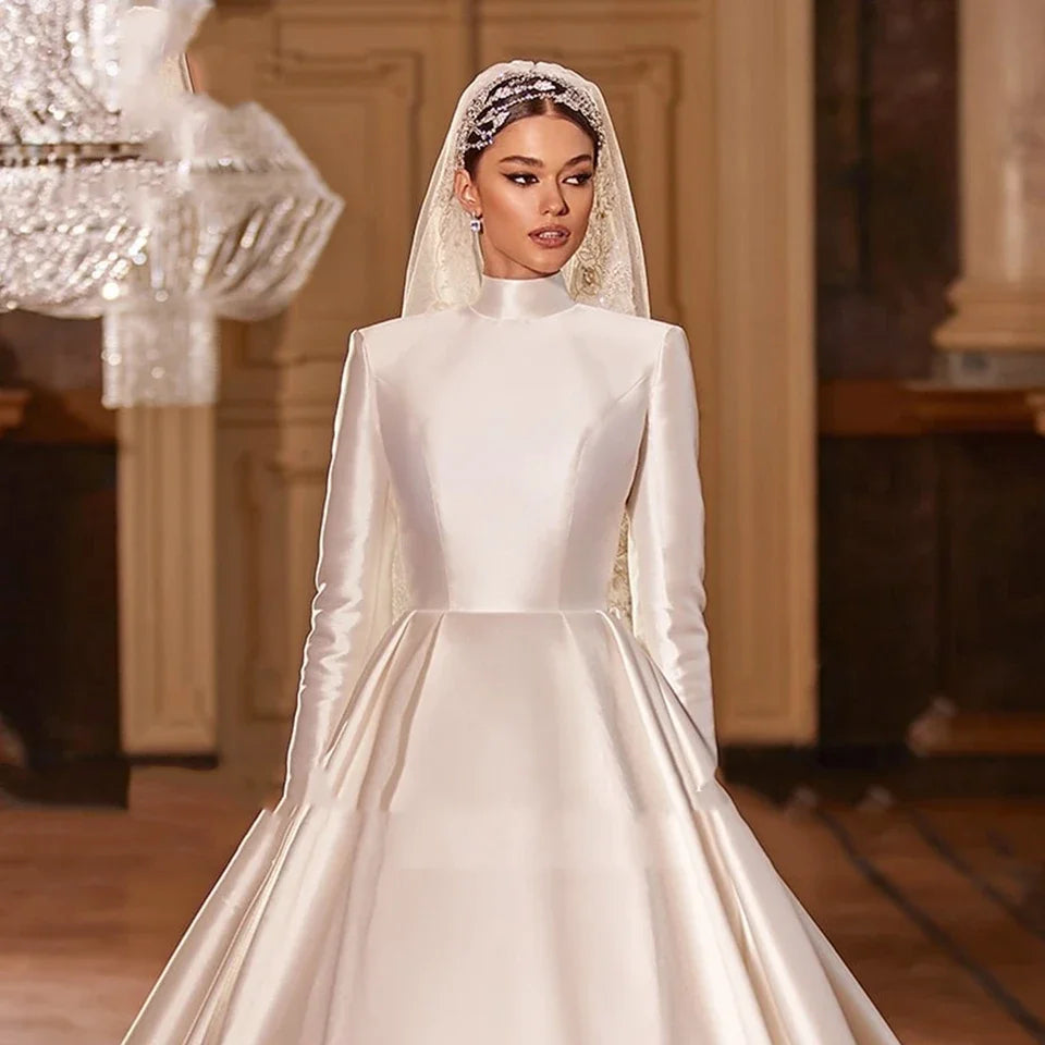 Elegant Satin High Collar Wedding Dress Long Sleeve Party Evening Dress A-line Floor length Skirt Customized Wedding Dress
