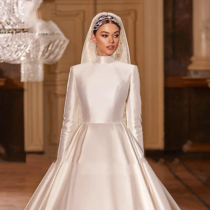 Elegant Satin High Collar Wedding Dress Long Sleeve Party Evening Dress A-line Floor length Skirt Customized Wedding Dress