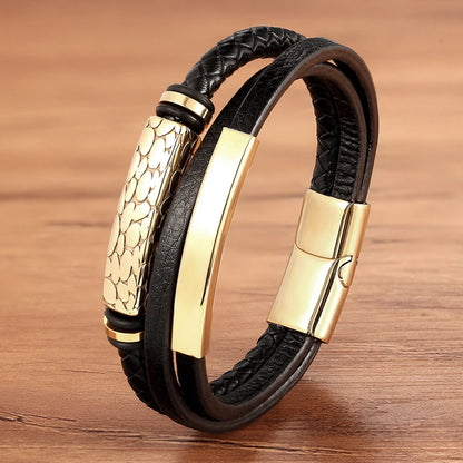 XQNI Luxury Vintage Multilayer Leather Men Bracelet Bead Bracelet Stainless Steel Charm Jewelry Male Wrist Bangle Birthday Gift