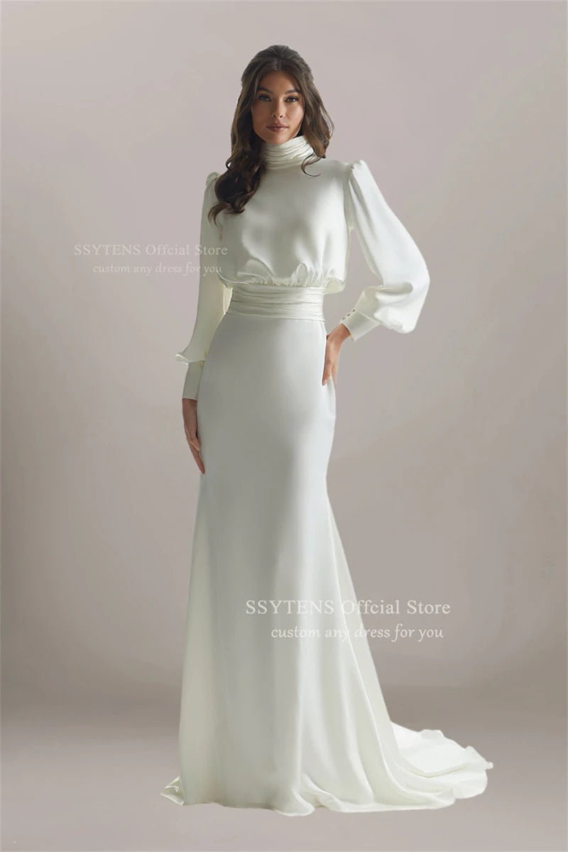SSYTENS Customized Civil Wedding Dresses Long Sleeves Simple Mermaid Brides Dress High Neck Elegant Bridal Gown Vestido De Noiva