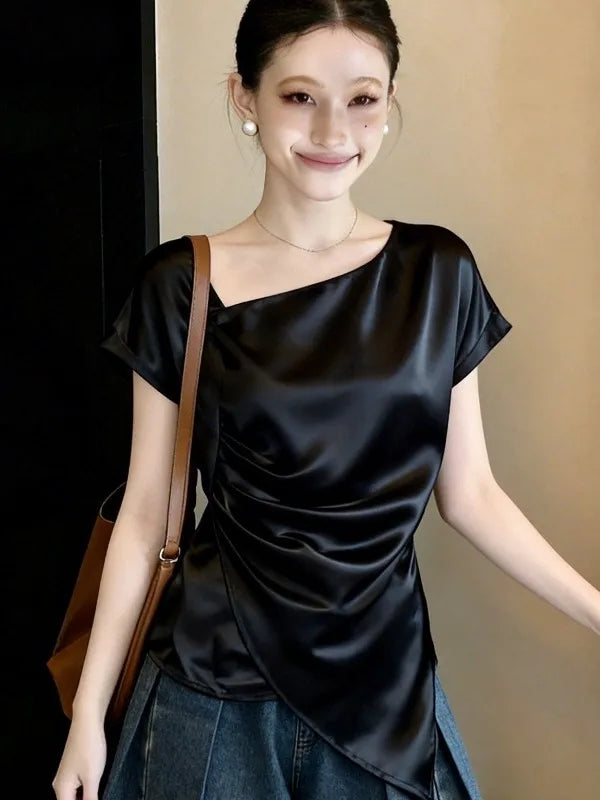 Elegant Acetate Satin Short Sleeve Shirt Women's plus Size Summer New Style Irregular Top Korean Style Loose Fit Commute Wind