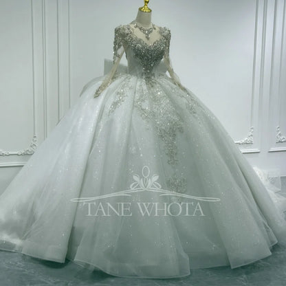 Luxury Wedding Dress With Long Sleeves Crystal Sequined Bow Keyhole Back O-Neck Lace-Up Ball Gown For Women