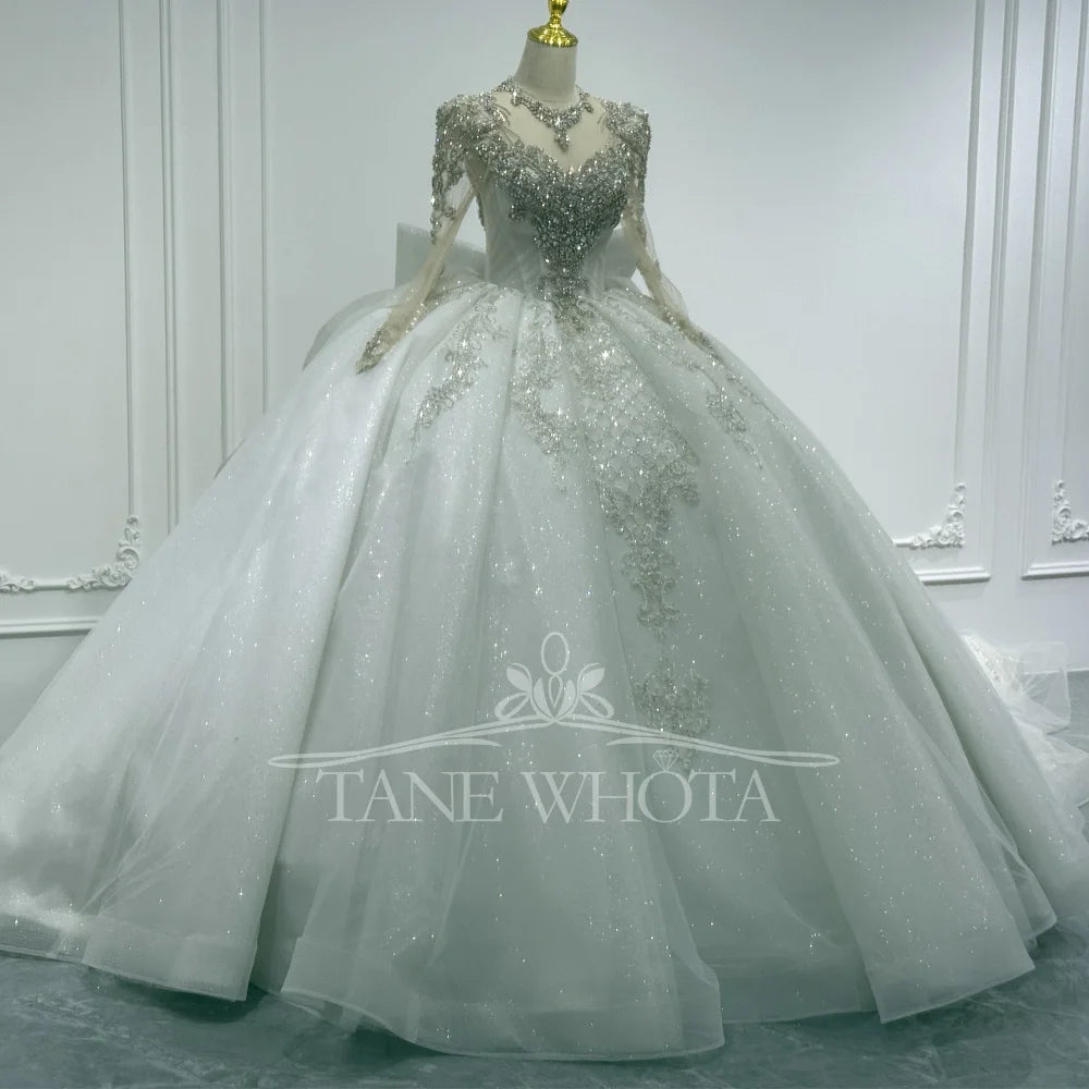 Luxury Wedding Dress With Long Sleeves Crystal Sequined Bow Keyhole Back O-Neck Lace-Up Ball Gown For Women