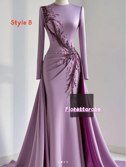 Florettarobe Exquisite Purple Satin Sequined Appliques Pleat  High Collar Long Midi Dress Bespoke Occasion 4 styles Customized