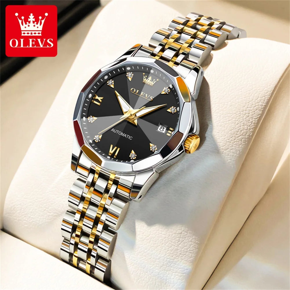 OLEVS Women's Watches Trend Elegant Sparkling Shining Diamond Scale Original Automatic Mechanical Wristwatch for Lady Waterproof